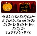 Frame invitation to the party for Halloween. Pumpkin, blood, alphabet. Vector illustration can be used for sale