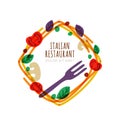 Frame with italian spaghetti, tomato, basil, fork. Vector logo, emblem design.