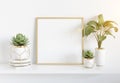 Frame leaning on white shelve in bright interior with plants and decorations mockup 3D rendering