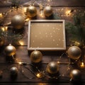 The frame lies on a wooden floor with fir branches, balls and glowing lanterns. Christmas background