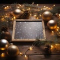 The frame lies on a wooden floor with fir branches, balls and glowing lanterns. Christmas background