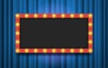 Frame with light bulbs on blue theater curtains background. Vector illustration Royalty Free Stock Photo