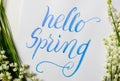 frame lily of the Valley and text Hello spring. Calligraphy lettering Royalty Free Stock Photo