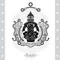 Frame from line pattern and lighthouse with round ribbon in center. Marine vintage label