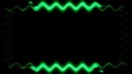 Frame, long wavy rectangular laser horizontal interpenetrating green closed lines of lightening and darkening light on black