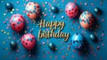 Frame made of balloons birthday party items on blue background, with text Royalty Free Stock Photo