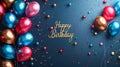 Frame made of balloons birthday party items on blue background, with text Royalty Free Stock Photo