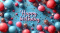 Frame made of balloons birthday party items on blue background, with text Royalty Free Stock Photo