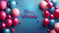 Frame made of balloons birthday party items on blue background, with text Royalty Free Stock Photo