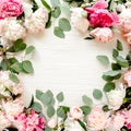 Frame made of beautiful pink peonies on white background. Flat lay, top view. Valentine`s background. Floral frame Royalty Free Stock Photo
