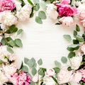 Frame made of beautiful pink peonies on white background. Flat lay, top view. Valentine`s background. Floral frame Royalty Free Stock Photo