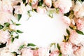 Frame made of beautiful pink peonies on white background. Flat lay, top view. Valentine`s background. Floral frame Royalty Free Stock Photo