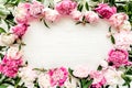 Frame made of beautiful pink peonies on white background. Flat lay, top view. Valentine`s background. Floral frame Royalty Free Stock Photo