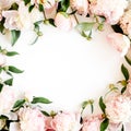 Frame made of beautiful pink peonies on white background. Flat lay, top view. Valentine`s background. Floral frame Royalty Free Stock Photo