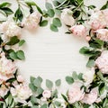 Frame made of beautiful pink peonies on white background. Flat lay, top view. Valentine`s background. Floral frame Royalty Free Stock Photo