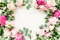 Frame made of beautiful pink peonies on white background. Flat lay, top view. Valentine`s background. Floral frame Royalty Free Stock Photo