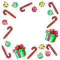 Frame is made of candy cane, Xmas tree balls, gift boxes Royalty Free Stock Photo