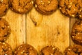 Frame made of chocolate chip cookies, biscuits, top view with copy space Royalty Free Stock Photo