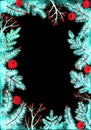 Frame made of Christmas tree branches and decor. Black space for text. Royalty Free Stock Photo