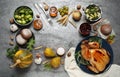 Frame made of delicious turkey, autumn vegetables and fruits on grey background, flat lay. Happy Thanksgiving Royalty Free Stock Photo