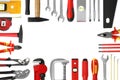 Frame made of different construction tools on white background, top view