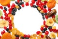 Frame made of different dried fruits on white  background, top view with space for text Royalty Free Stock Photo