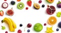 Frame made of different fruits and berries, flat lay, top view Royalty Free Stock Photo