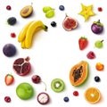 Frame made of different fruits and berries, flat lay, top view Royalty Free Stock Photo