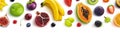 Frame made of different fruits and berries, flat lay, top view Royalty Free Stock Photo
