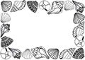 A frame made of different seashells. Drawing with a black outline. White copy space.