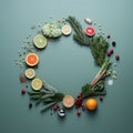 Frame made of fresh vegetables and fruits on color background, top view Royalty Free Stock Photo