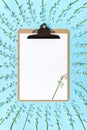 Frame made of fresh white lilies of the valley flowers and stylish clipboard on blue pastel background. Beautiful natural mock up