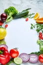 Frame made of fruits and vegetables on white background, copy space, selective focus, flat lay, close-up Royalty Free Stock Photo