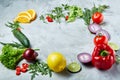 Frame made of fruits and vegetables on white background, copy space, selective focus, flat lay, close-up Royalty Free Stock Photo