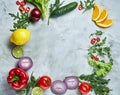 Frame made of fruits and vegetables on white background, copy space, selective focus, flat lay, close-up Royalty Free Stock Photo