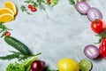 Frame made of fruits and vegetables on white background, copy space, selective focus, flat lay, close-up Royalty Free Stock Photo