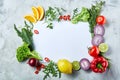 Frame made of fruits and vegetables on white background, copy space, selective focus, flat lay, close-up Royalty Free Stock Photo