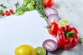 Frame made of fruits and vegetables on white background, copy space, selective focus, flat lay, close-up Royalty Free Stock Photo