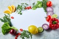 Frame made of fruits and vegetables on white background, copy space, selective focus, flat lay, close-up Royalty Free Stock Photo