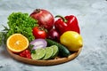 Frame made of fruits and vegetables on white background, copy space, selective focus, flat lay, close-up Royalty Free Stock Photo