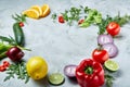 Frame made of fruits and vegetables on white background, copy space, selective focus, flat lay, close-up Royalty Free Stock Photo