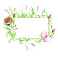 Frame made of hand-drawn floral elements with green petals, rosebuds and a butterfly. Watercolor drawing frame for text Royalty Free Stock Photo