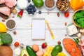 Frame made of healthy food low carb keto ketogenic diet with paper notebook. high good fat products Royalty Free Stock Photo