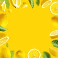 Frame made of Juicy ripe flying lemons, green leaves on yellow background. Creative food concept. Tropical organic fruit, citrus, Royalty Free Stock Photo