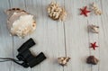 The frame is made of old binoculars, shells, coral twigs and stars on a light  wooden background. Royalty Free Stock Photo