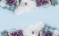 Frame made out of and raw natural crystal geode clusters, amethyst, celestite, quartz on light blue background for copy space.