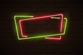 Frame made of overlapping green and red neon rectangles. Vector neon design element isolated on black background.