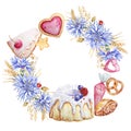 Frame made of pastries, sweets, cornflowers