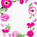 Frame made of pink flowers, roses, peonies and leaves on white background. Floral composition. Flat lay, top view. Royalty Free Stock Photo