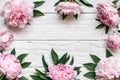 Frame made of pink peony flowers over white wooden table with copy space. flower composition. top view. flat lay Royalty Free Stock Photo